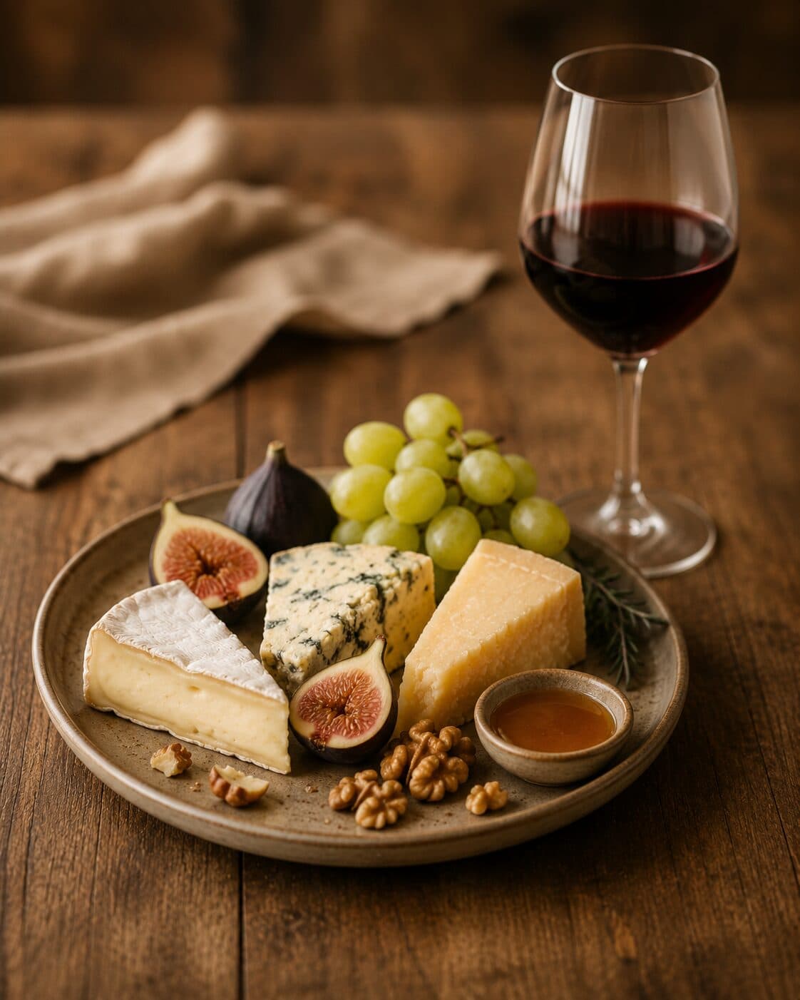 Cheese, grapes and wine representing the themes covered by Mair Mair