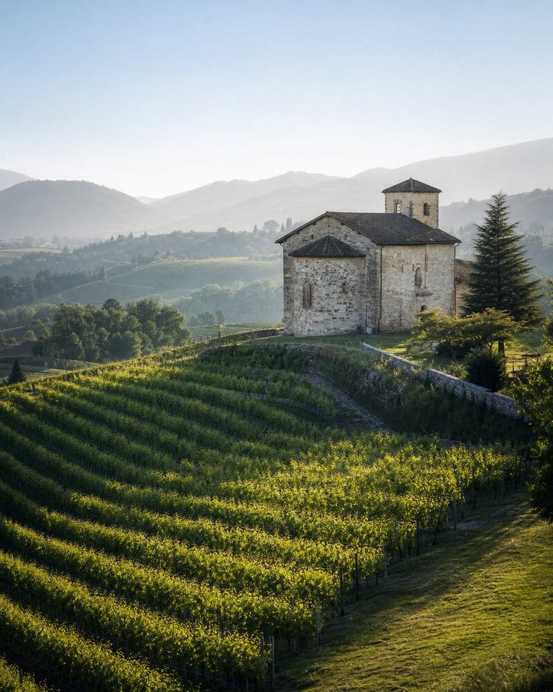 Weinberge rund um eine alte Kapelle in der Lombardei