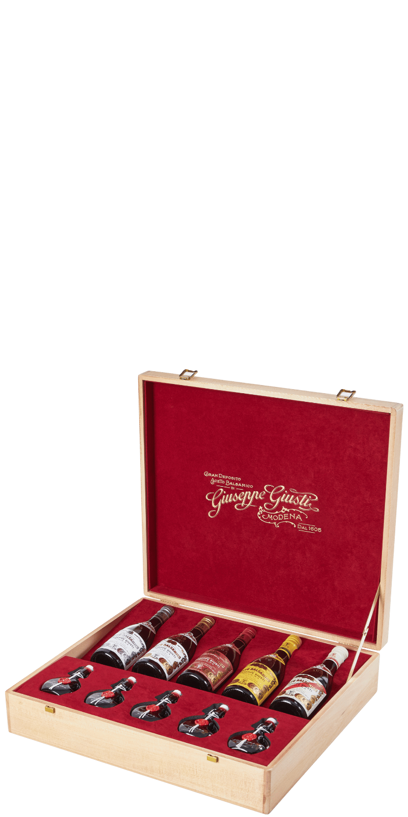 "Scrigno" Balsamico-Geschenkkoffer 5 x 250ml + 5 x 40ml - Giuseppe Giusti - 1,45 L "Scrigno" Balsamico-Geschenkkoffer 5 x 250ml + 5 x 40ml - Giuseppe Giusti - 1,45 L